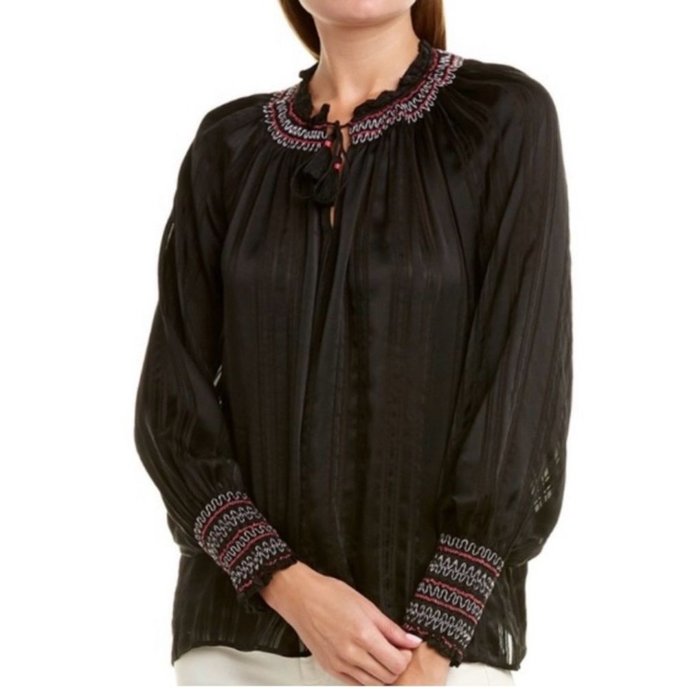 Johnny Was Folk Smock Silk Peasant Style Embroidered Blouse Black Size S - M - Picture 2 of 12